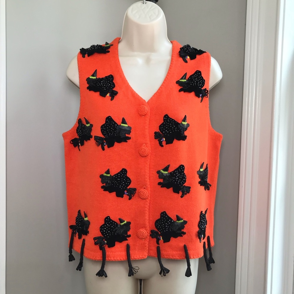 Vintage Michael Simon Flying Witch Halloween Sweater Vest ~ Women’s Small